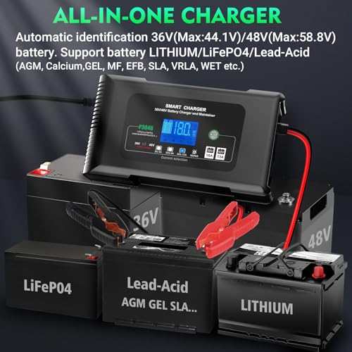 Aorika Golf Cart Battery Charger, Club Car 36 Volt 18 AMP/48 Volt 13 Amp Battery Charger with 3 Pin Round Plug, for Lithium, LiFePO4, Lead-Acid AGM/Gel/SLA Batteries - color: BLACK-P3648H