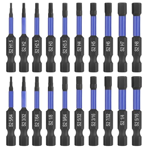 HPHOPE Impact Hex Head Allen Wrench Drill Bit Set 20 Pcs - 2"(Metric&SAE) | Premium S2 Steel, CNC Machined Tips wit Magnetism, Storage Box, 1/4" Hex-Shank for Automotive and Home Repairs - size: 50 mm, 20 Pcs, Metric&SAE
