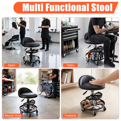 Rolling Shop Stool with Wheels and Backrest, 16–21.6 Inch Height Adjustable Garage Mechanic Stool, Low Rolling Work Seat with 2-Tier Tool Trays for Auto Repair Workshop Salon 300 lb Capacity (Black)