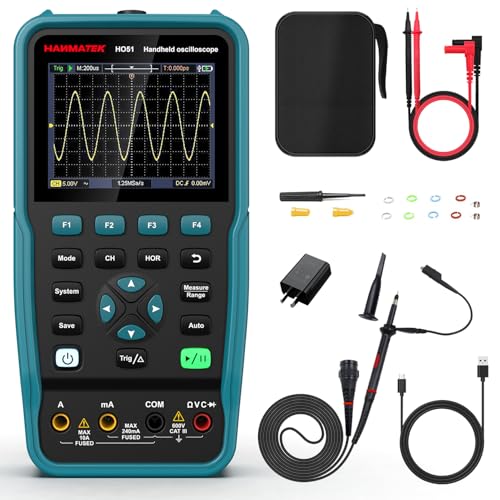 HANMATEK 3 in 1 Handheld Oscilloscope Multimeter,Waveform Generator HO51 with 3.5" TFT Oscilloscop, Auto-Calibration Function, Memory Function, Multi Tester - style: 50Mhz+Generator+1 Channel