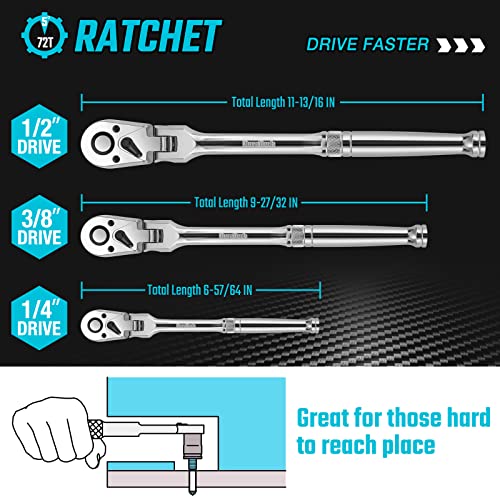 DURATECH 3-Piece Flex-Head Ratchet Set, 1/4", 3/8", 1/2" Drive | 72-Tooth, Quick-Release Reversible Design, Chrome Alloy Made, Fully Polished, Organized in Storage Case - size: 1/4", 3/8", 1/2" Drive