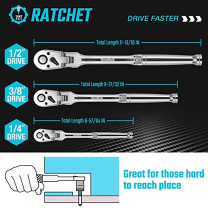 DURATECH 3-Piece Flex-Head Ratchet Set, 1/4", 3/8", 1/2" Drive | 72-Tooth, Quick-Release Reversible Design, Chrome Alloy Made, Fully Polished, Organized in Storage Case - size: 1/4", 3/8", 1/2" Drive