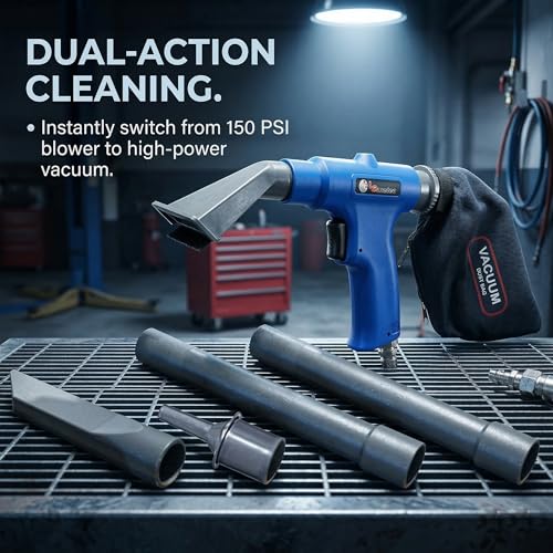 LE LEMATEC Pneumatic Air Vacuum Blow Gun, Dual-Action Detailing Cleaner | 150 PSI, 6-piece attachment kit, compressor-driven, automotive shop blower, workshop accessory
