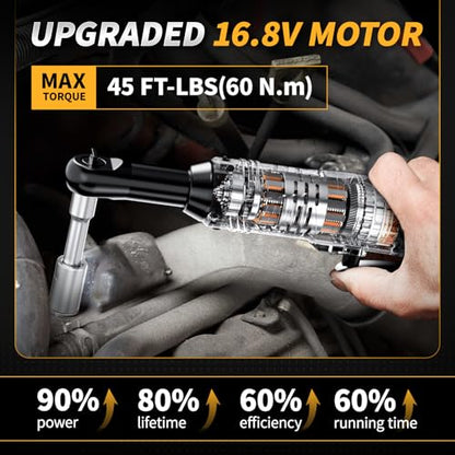 FULLYEA 3/8" Cordless Electric Ratchet Wrench Set, 550RPM, 40Ft-lbs, 16.8V Extended Power Ratchet Tool Kit with Variable Speed, 1/4" Adapter, 3" Extension Bar, 2*2.0Ah Battery and Fast Charger(Yellow)