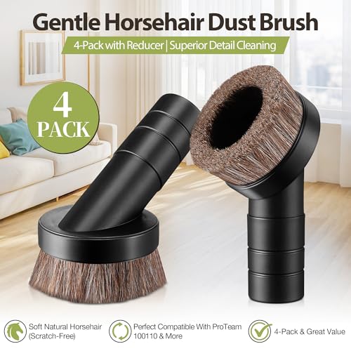 Feekoon 4 Pack 1.5" Vacuum Dust Brush Attachment Compatible with ProTeam Backpack Vacuum Cleaner Parts # 100110-3" Dust Brush W/Reducer 1-1/2", Soft Horse Hair for Detailed Dusting
