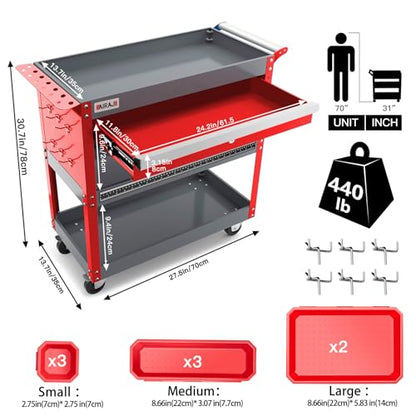 AIRAJ Rolling Tool Cart,Heavy Duty Tool Cart on Wheels,440LB Load Capacity,Utility Tool Cart with Drawers,Storage Cart with Locking System,Hooks and Parts Box for Mechanic,Warehouse,Workshop - size: Red