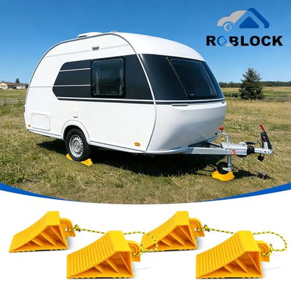 ROBLOCK 4 PCS Wheel Chocks with Rope for Travel Trailers, Non-Slip Grooved Wheel Blocks for RVs, Campers, Trucks, Cars, Boat Trailers, Parking Stabilizer RV Accessories, Easy to Carry, Yellow - size: 4 PCS