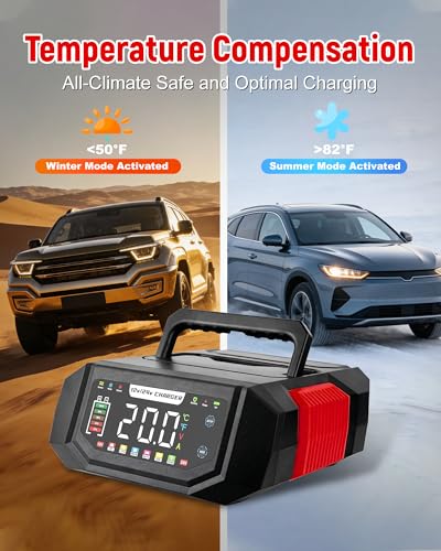 1-20A Smart Battery Charger, 12V/24V Automatic Automotive Battery Maintainer & Desulfator with Temperature Compensation, Adjustable Amp Trickle Charger for Lead-Acid, AGM, Gel, LiFePO4 - color: Red