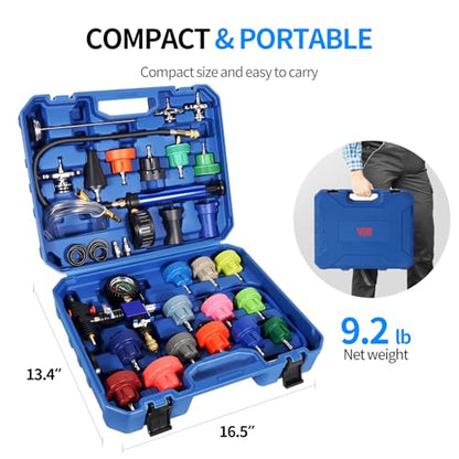 VTG VOGTEN 31PCS Coolant Pressure Tester Kit,Radiator Pressure Tester and Vacuum Refill Kit for Automotive Cooling System Water Tank Leakage Detection - color: Blue