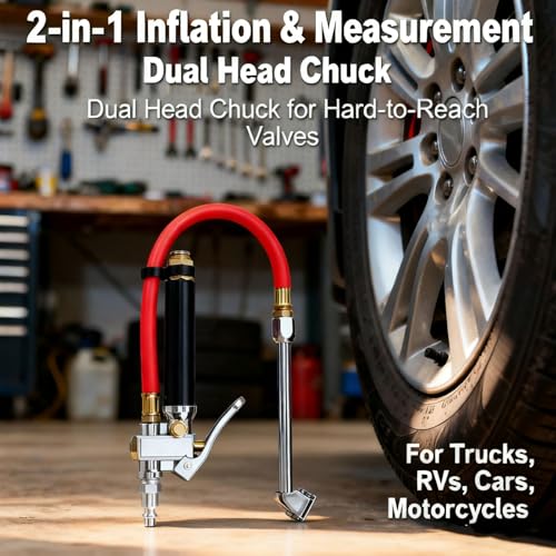 Air Chuck with Pressure Gauge, Heavy Duty Dual Head Tire Inflator Attachment for Air Compressor (1/4" NPT) - for Car, Truck, RV, Motorcycle, Dually Tires