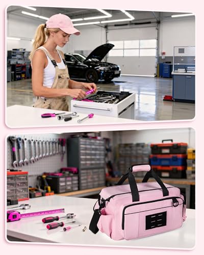 Pink Tool Bag for Women, 16 Inches Tool Storage Organizer Box | Spacious Main Compartment, Wide Opening, Multiple Pockets, Padded Handle, Adjustable Shoulder Strap, Tactical MOLLE Loop