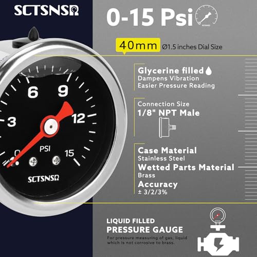 0-15 Psi Fuel Pressure Gauge, 1.5" Black Dial, 1/8" NPT Back Mount, Stainless Steel Case, Glycerin Liquid Filled, Inline Low Pressure Gauge, for Oil Water Air Pressure Test - size: 0-15 Psi, style: Back Mount (Black Dial)