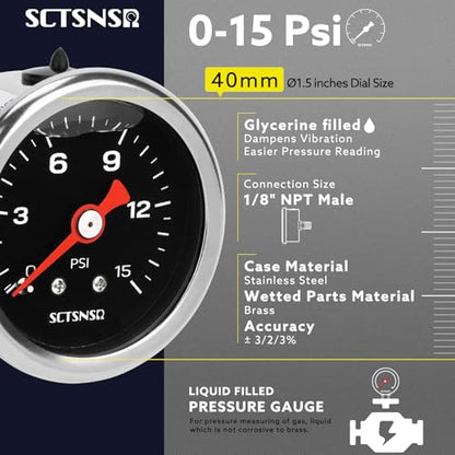 0-15 Psi Fuel Pressure Gauge, 1.5" Black Dial, 1/8" NPT Back Mount, Stainless Steel Case, Glycerin Liquid Filled, Inline Low Pressure Gauge, for Oil Water Air Pressure Test - size: 0-15 Psi, style: Back Mount (Black Dial)