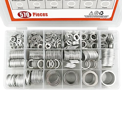 570 Pieces 18 Sizes Oil Drain Plug Gaskets Assortment Kit,Oil Crush Washers, Aluminum Flat Washers Assortment Kit,M6 M8 M10 M12 M14 M16 M18 M20 M22 M24