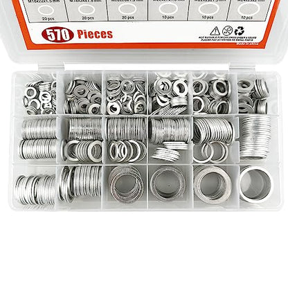 570 Pieces 18 Sizes Oil Drain Plug Gaskets Assortment Kit,Oil Crush Washers, Aluminum Flat Washers Assortment Kit,M6 M8 M10 M12 M14 M16 M18 M20 M22 M24