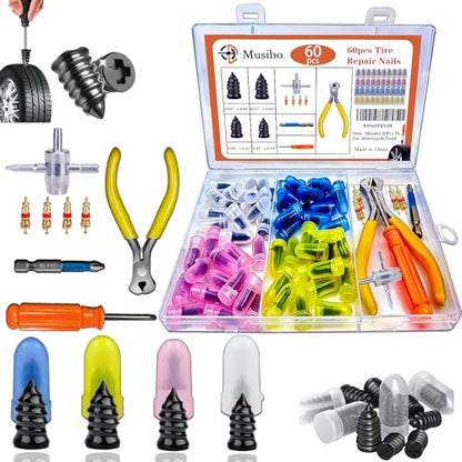 60Pcs Tire Repair Rubber Nails Kit with 4 Sizes, Vacuum Tire Repair Rubber Nail Screw in Tire Repair Plugs, Tire Screw Plug Repair Kit, Quick Self-Service Tire Repair Tools for Car, Motorcycle, Truck