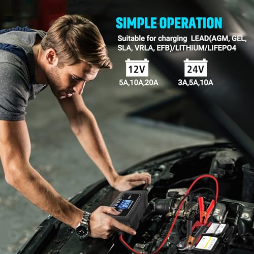 Car Battery Charger, 12V/24V 0-20A Lead-Acid, Lithium, LiFePo4 Smart Battery Charger, Trickle Charger, Fully Automatic Chargers and Maintainer for Car, Motorcycle, Lawn Mower