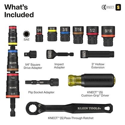 Klein Tools 65301KNECT Impact Socket Set, KNECT (S) 23-Piece SAE Pass-Through and Flip Socket Tool Set, Impact Driver Adapter, MODbox Tool Organization