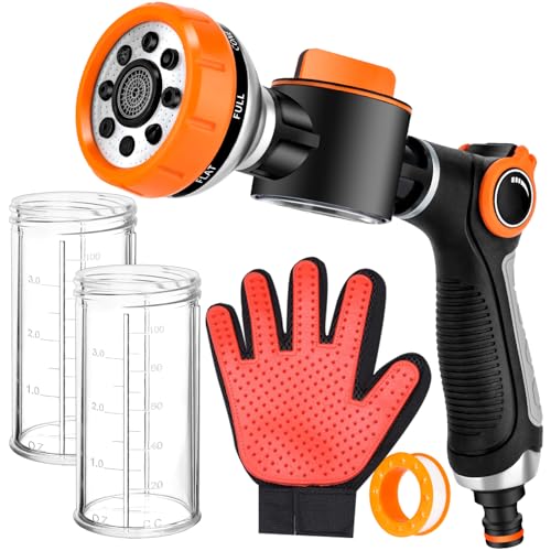 Upgrade Dog Washing Hose Attachment with Replacement Soap Bottle, 8 Spray Patterns Dog Wash Hose Attachment with Dog Washing Gloves, Suitable for Watering Plant, Patio, Cleaning, Showering Pet - color: Orange-2