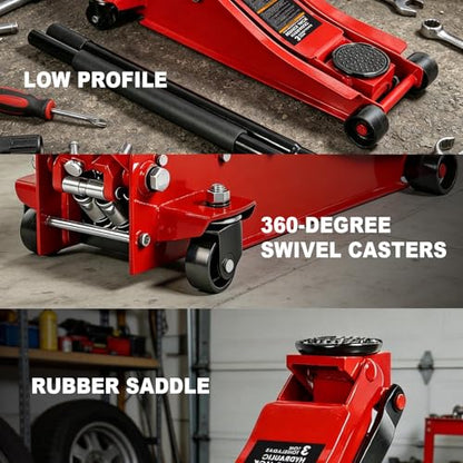 Jack Boss 3 Ton Floor Jack, 6600LBS Capacity Hydraulic Jack, Lifting Range 3-1/8" Min to 20" Max Car Jack, Low Profile Portable Jack with Dual Pumps, Quick Lift and Slow Descent Design Red