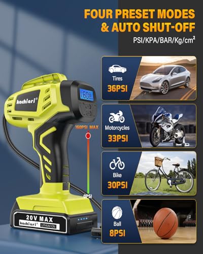 Tire Inflator Portable Air Compressor, 160PSI 20V Cordless Car Tire Pump, Rechargeable Battery Powered Air Compressor w/12V DC Adapter YELLOW-GREEN