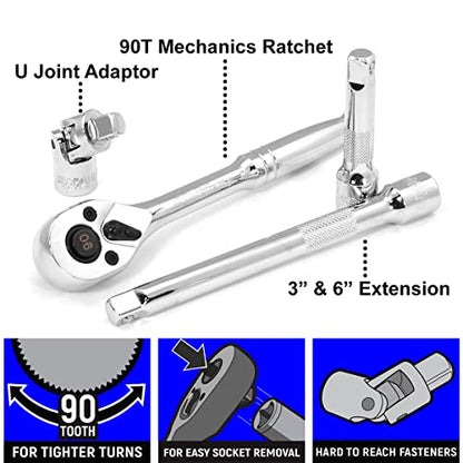 Stark USA 47-Pieces 1/4" & 3/8" Drive Impact Socket Wrench SAE (5/16" to 3/4") & Metric (8 to 19mm) Reversible Ratchet Deep & Shallow, 6 Point, Ratchet, Universal Joint, Adapters - style: 47pcs SAE/Metric Impact Socket Set