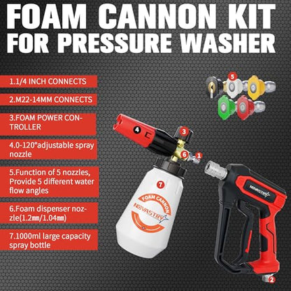 Pressure Washer Gun with Foam Cannon Kit, 1/4" Quick Connect, 5 Spray Nozzles, 1000-4000 PSI Pressure Washer Accessories, M22-14 Adapter & 3/8" Swivel Quick Connector for Car Wash & House Cleaning