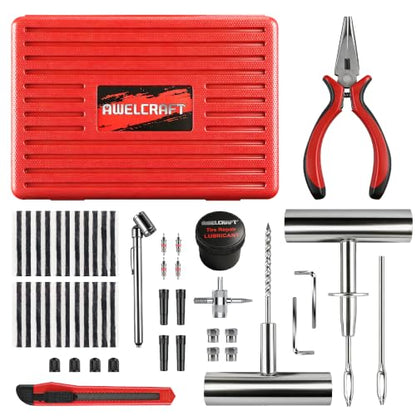 AWELCRAFT 68-Piece All-in-One Heavy Duty Tire Plug Kit – Professional Tire Repair Set, T-Handle Tools, Valve Kit, 40 Plugs, Pliers, Knife – Universal for Car - size: 68 Piece Repair Kit