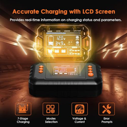 WAVLINK 450W Smart Battery Charger, Max. 35A Trickle Charger with LCD Display, for 6V/12V/24V Lead-Acid/Lithium/LiFePO4 Batteries, Battery Maintainer and Desulfurizer for Cars, Boats, Motorcycles - color: 35-AMP
