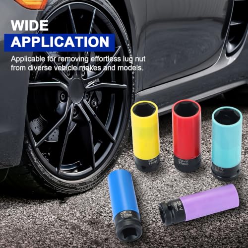 DASBET 5PCS Impact Lug Nut Socket Set 1/2 Inch Drive 15 17 19 21 22mm | Wheel Protector Impact Socket Set 6 Point Non-Marring Thin Wall Wheel Protector Nut Socket, Color-Coded Metric