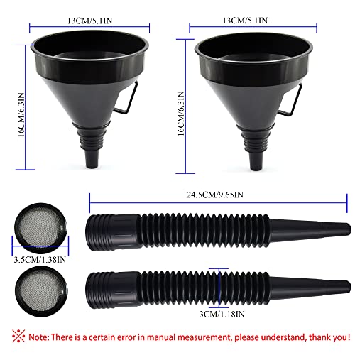 Flex Funnel - Wide Mouth Flexible Funnel with Handle, Multi-Functional Large Plastic Automotive Funnels for Cars and Motorcycles, Engine Oil, Liquid, Diesel, Kerosene,Gasoline (2pcs x 5.2" Black)