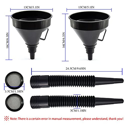 Flex Funnel - Wide Mouth Flexible Funnel with Handle, Multi-Functional Large Plastic Automotive Funnels for Cars and Motorcycles, Engine Oil, Liquid, Diesel, Kerosene,Gasoline (2pcs x 5.2" Black)