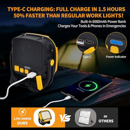 tekstap 6000mAh Magnetic Work Light Rechargeable with 4000 Lumen IP65 Waterproof, 30H Runtime, 4 Brightness & 4 Color Modes with Red SOS, Strong Magnet Base for Car Repair, Camping, Emergency 1PC
