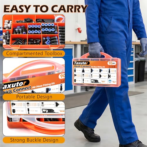 90PCS 1/4" 3/8" Push to Connect Air Fittings Kit, High-Visibility Blue PBT & Brass Quick Connect Pneumatic Assortment, DIY Air Tools & Air Suspension, with Tube Cutter & Tape in Portable Case - size: 90PCS Blue