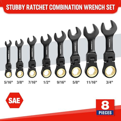 WORKPRO 8-Piece Stubby Anti-slip Ratcheting Combination Wrench Set, SAE 5/16-3/4 in, 72-Teeth, CRV, Black Electrophoretic Coating, Flex-Head Wrench Set with Rolling Pouch - size: SAE, style: Black electroplating coating