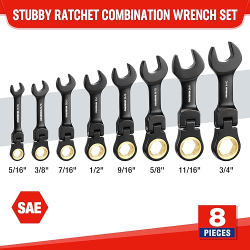 WORKPRO 8-Piece Stubby Anti-slip Ratcheting Combination Wrench Set, SAE 5/16-3/4 in, 72-Teeth, CRV, Black Electrophoretic Coating, Flex-Head Wrench Set with Rolling Pouch - size: SAE, style: Black electroplating coating