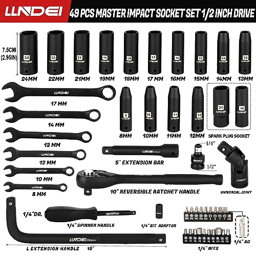 LLNDEI 1/2" Impact Socket Wrench Set: 49Pcs, CR-V, Metric | Combination Wrenches (8-17mm), Deep Sockets(8-24mm), Spark Plug Socket(16,21mm), Household&Automotive Repairing - size: 49-Piece 1/2" Drive Socket Set