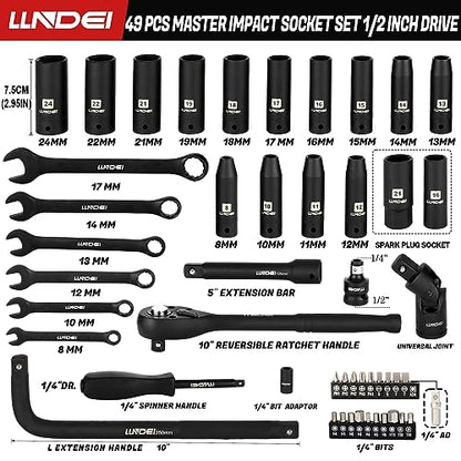LLNDEI 1/2" Impact Socket Wrench Set: 49Pcs, CR-V, Metric | Combination Wrenches (8-17mm), Deep Sockets(8-24mm), Spark Plug Socket(16,21mm), Household&Automotive Repairing - size: 49-Piece 1/2" Drive Socket Set