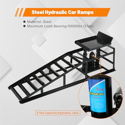 2 Pack 5T Low Profile Hydraulic Car Ramps, Black | Integrated Hydraulic Jack, Adjustable Lifting Height, High-Strength Steel, Ideal for Low Profile Vehicles, DIY Garage - size: 10000lbs/5T-Black