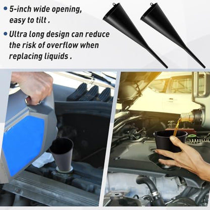 Ripeng 2 Pcs 18” Long Neck Flute Funnel 1/2" Bottom Narrows, Black Long Automotive Gas Funnel with Hanging Ring, PP Plastic, for Engine Transmission Oil Change Car Refueling Automotive Fluid Pouring