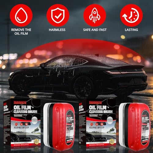 Automotive Oil Film Cleaning Brush for Car Windshield, Clear Vision Car Glass Cleaner with Towels, Press-and-Wipe Cleaner Removes Oil Film, Road Grime & Water Spots for Night & Rain, 2 Pack