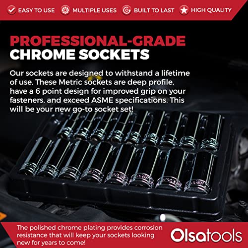 Olsa Tools Metric Deep Socket Set - 1/2-Inch Drive, 18pc - 6-Point Chrome Sockets from 10mm–27mm and No Skipped Sizes - Mechanic Deep Metric Socket Set - Professional Grade Long Sockets - Part: 1325 - color: Metric Deep, size: 18pc, 1/2-Inch Drive