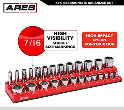 ARES 60035-3-Piece Set SAE Magnetic Socket Organizers - RED -Includes 1/4 in, 3/8 in, 1/2 in Socket Holders - Holds 68 Standard (Shallow) and Deep Sockets - Also Available in GREEN - color: Red (Sae), size: 1/4, 3/8, 1/2-Inch Drive - 3-Piece Set