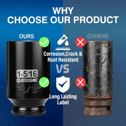 1/2" Drive x 1-5/16 Inch Deep 6PT CR-MO Impact Socket for Removing Axle nut | SAE Socket,6-Point Radius Corner Design,Two Size Markings,Square Chamfered Opening,For Removal of Axle Nut - size: 1-5/16 Inch, style: 1/2" Drive Deep Socket