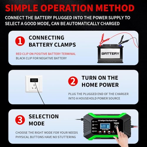 Car Battery Charger, 12V 6A Smart Battery Trickle Charger Automotive 12V Battery Maintainer Desulfator with Temperature Compensation for Car Motorcycle Mower Marine Lead Acid Batteries (Green)
