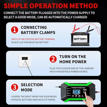 Car Battery Charger, 12V 6A Smart Battery Trickle Charger Automotive 12V Battery Maintainer Desulfator with Temperature Compensation for Car Motorcycle Mower Marine Lead Acid Batteries (Green)