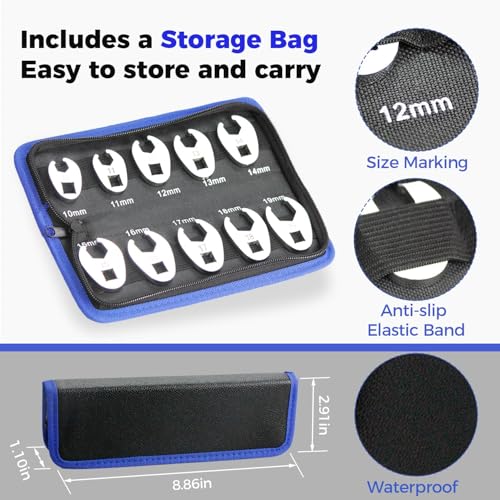 3/8" Drive Flare Nut Crowfoot Wrench Set, 10 Piece Cr-V Steel + Ni-Cr Plating 5 Point Grip Flare Nut Crow Foot Tool Set, Metric 10-19mm Crows Feet Wrench Set with Storage Pouch for Home Car Repair - style: Flare Nut - Metric