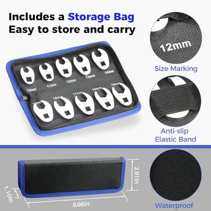 3/8" Drive Flare Nut Crowfoot Wrench Set, 10 Piece Cr-V Steel + Ni-Cr Plating 5 Point Grip Flare Nut Crow Foot Tool Set, Metric 10-19mm Crows Feet Wrench Set with Storage Pouch for Home Car Repair - style: Flare Nut - Metric