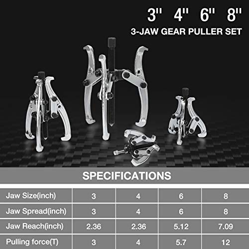 DURATECH 4-Piece 3-Jaw Gear Puller, 3", 4", 6", 8", Removal Tool for Gears, Pulleys, Bearings and Flywheels, Fully Assembled, CR-V Steel | Black Phosphated, Non-Slip, for Narrow Spaces, Fully Assembled, Bearing Puller, for Gears, Pulleys, Bearings, Flywhe