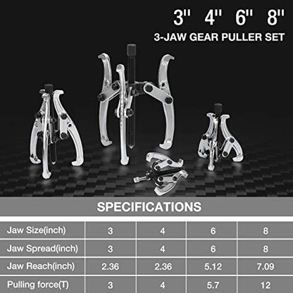 DURATECH 4-Piece 3-Jaw Gear Puller, 3", 4", 6", 8", Removal Tool for Gears, Pulleys, Bearings and Flywheels, Fully Assembled, CR-V Steel | Black Phosphated, Non-Slip, for Narrow Spaces, Fully Assembled, Bearing Puller, for Gears, Pulleys, Bearings, Flywhe